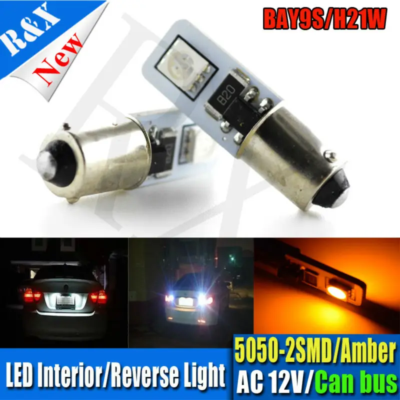 

2XNo polarity H21W BAY9S 2smd 5050 LED Car rear fog lamp Auto Backup Reserve Light Bulbs Canbus Error Free Amber Yellow 12V