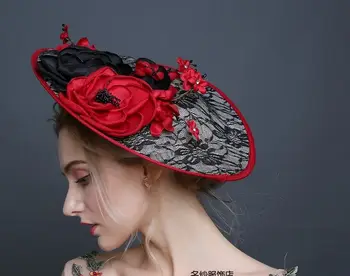 

Free shipping medieval lace hat brimmed flowers black red lace hat /stage/photo/performance hat /decoration use