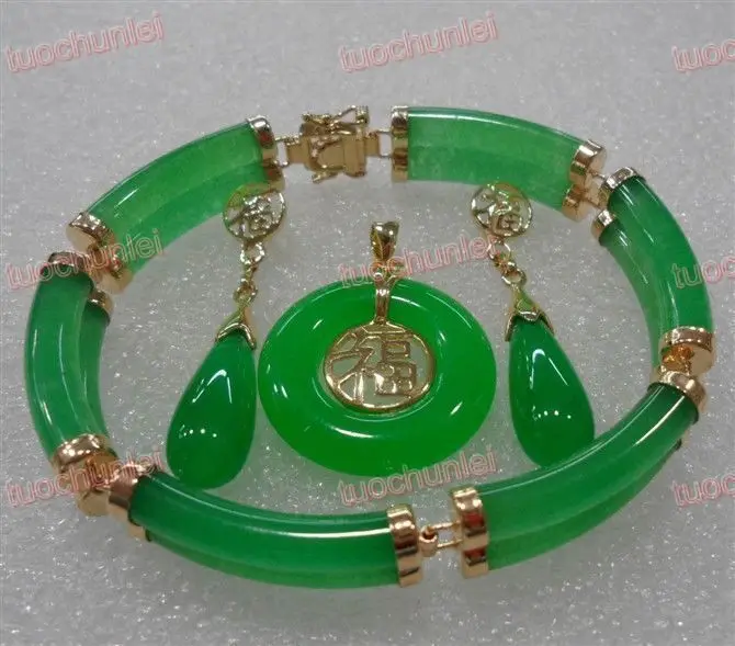 

Beautiful Green natural green buddha jadeite Link Bracelet Dangle Pendants Necklace Earring Set