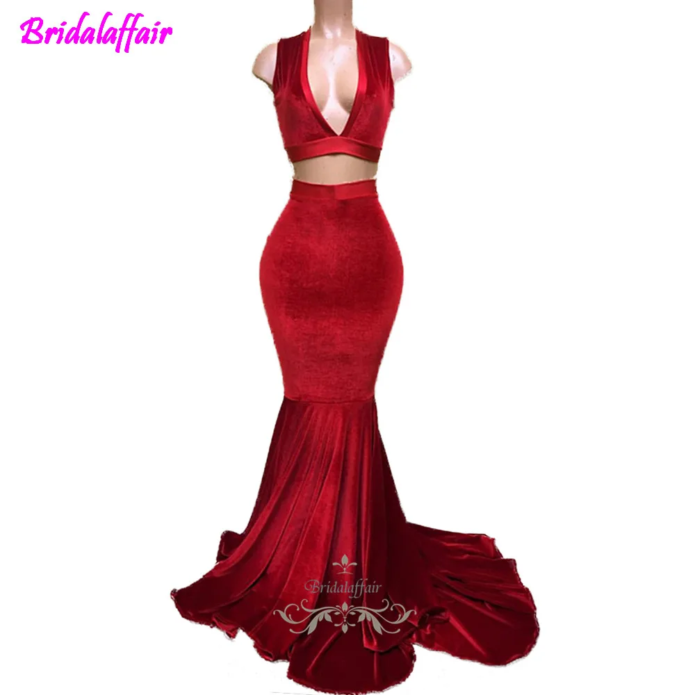 

Sexy Profondo Scollo A V Rosso Velluto Due Pezzi every pretty Mermaid cheap prom dresses 2018 Prom Abiti Da Sera Custom Made