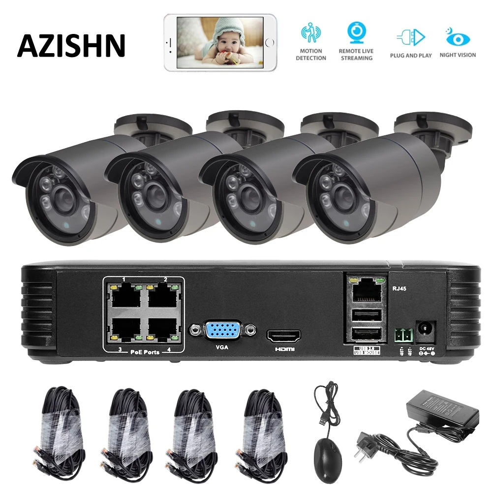 FULL HD 4CH CCTV система PoE 1080P NVR + 4 шт наружная металлическая IP камера onvif