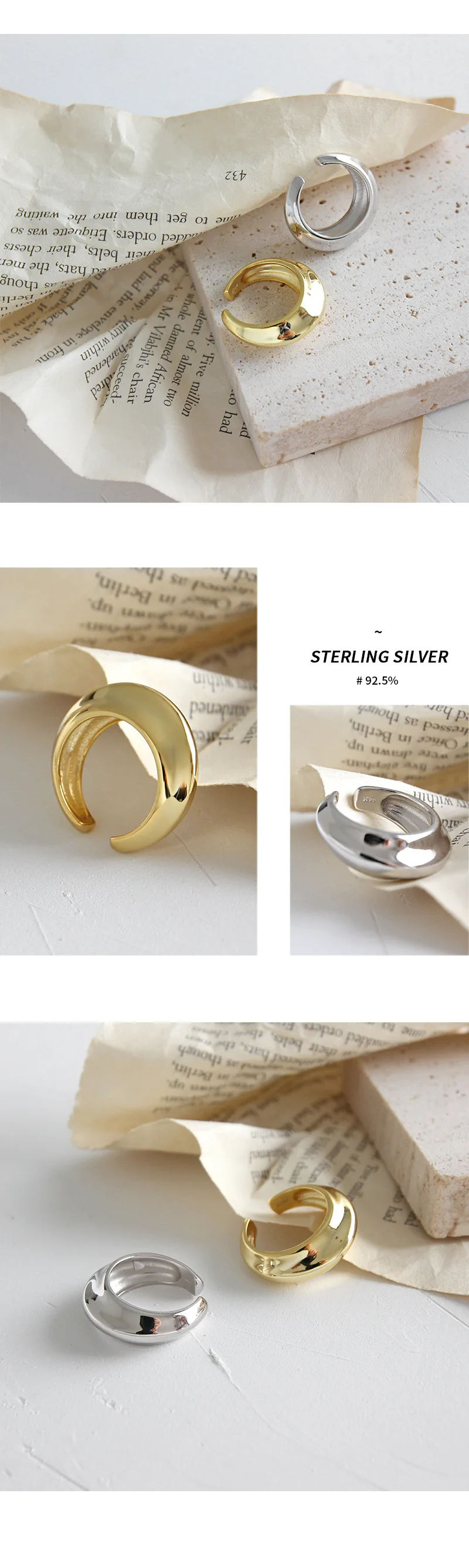 F.I.N.S подлинные 925 пробы серебряные кольца вогнутые выпуклые изогнутые поверхности широкие регулируемые кольца на палец Золотое серебро 925 ювелирные изделия