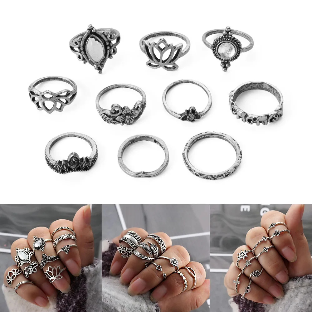 

10pcs Punk Vintage Women Boho Knuckle Rings Tribal Ethnic Rhinestone Finger Rings Set Jewelry Fashion Bijoux
