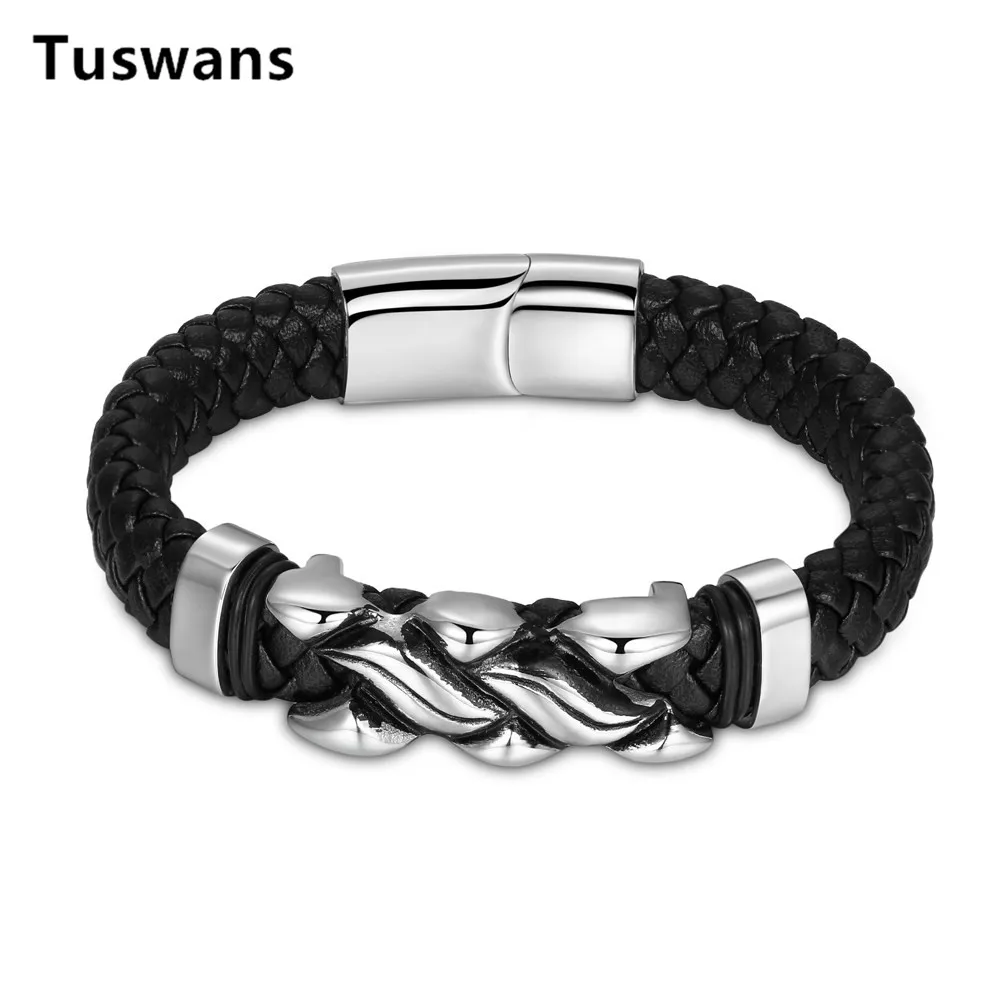 

316L Stainless Steel Magnetic Clasp Bracelets & Bangles Jewelry for Men Male Punk Genuine Leather Black Color Braid Bracelets