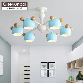 

Qiseyuncai Nordic modern restaurant color macaron chandelier simple children's room bedroom log LED lamps free shipping