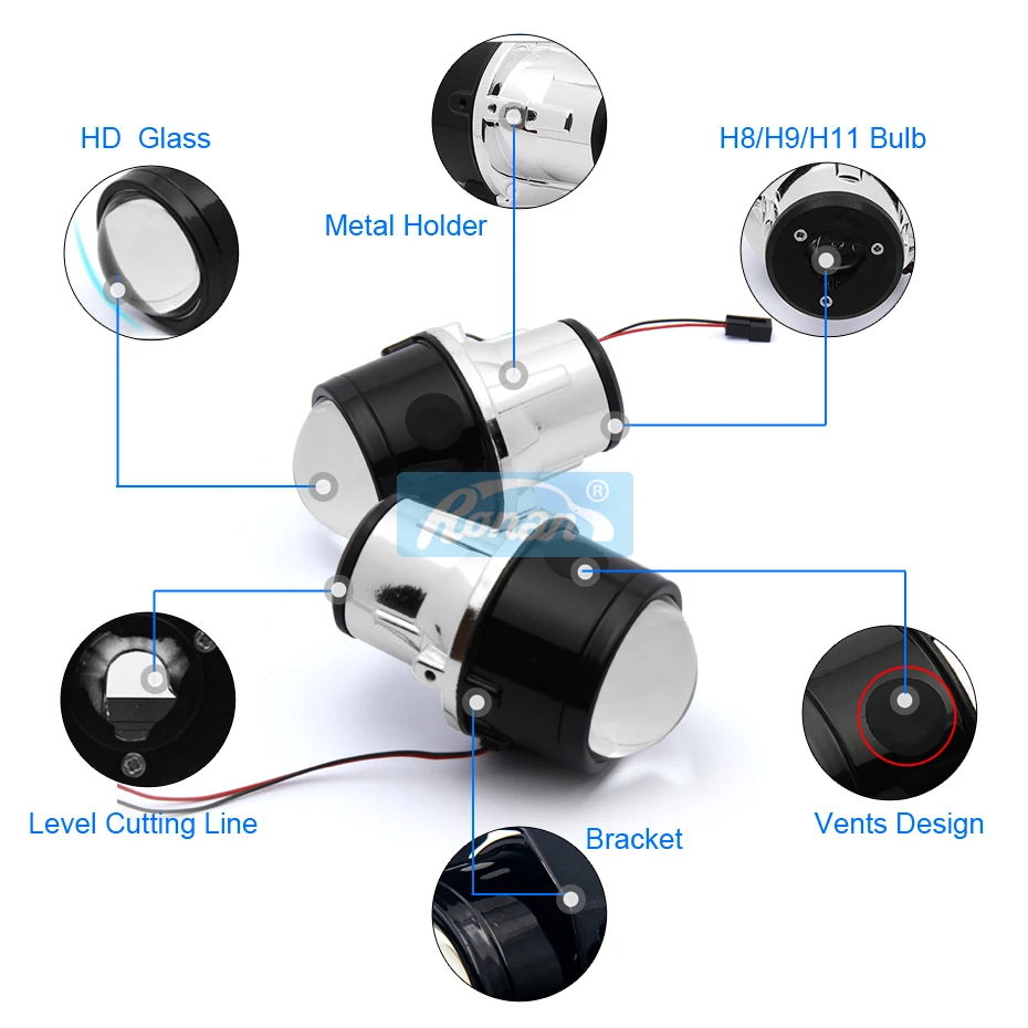 Автомобильный Стайлинг RONAN, противотуманный светильник, объектив проектора 2,", биксенон, H8 H9 H11, полностью металлический, бифокальный, для вождения, водонепроницаемый, передний бампер, лампа DIY