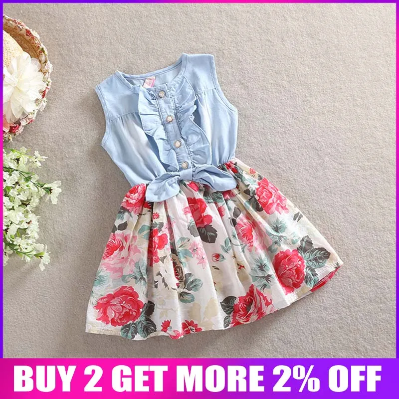 

BibiCola 2018 baby girls flower party dress summer Floral clothing toddler sleeveless cotton casual vest dresses Denim color