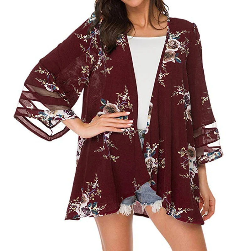 Summer Boho Holiday Plus Size 3XS-3XL Womens Floral Kimono Cardigan Top Female Casual Loose Mesh Shawl Bikini Cover Up Blouse