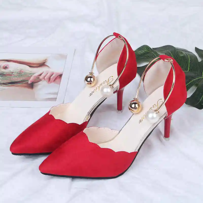 Женские туфли-лодочки; Новое поступление года; женская обувь на высоком каблуке с острым закрытым носком; женская свадебная обувь с кружевом и бисером - Цвет: 169 Red 7CM
