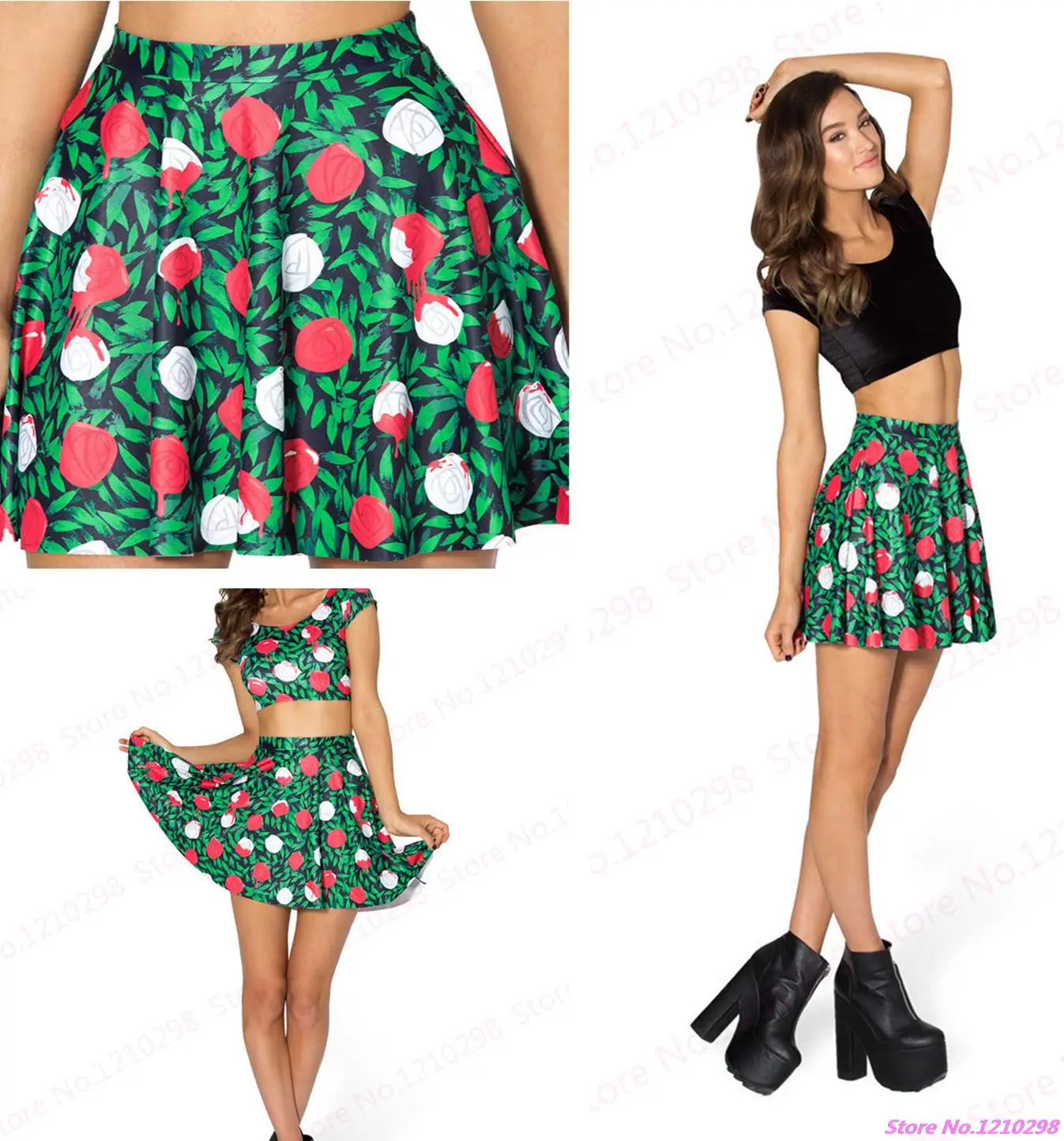 Girls Sweet MiniSkirts Retro Blood Rose Flower Print Green Short Skirts