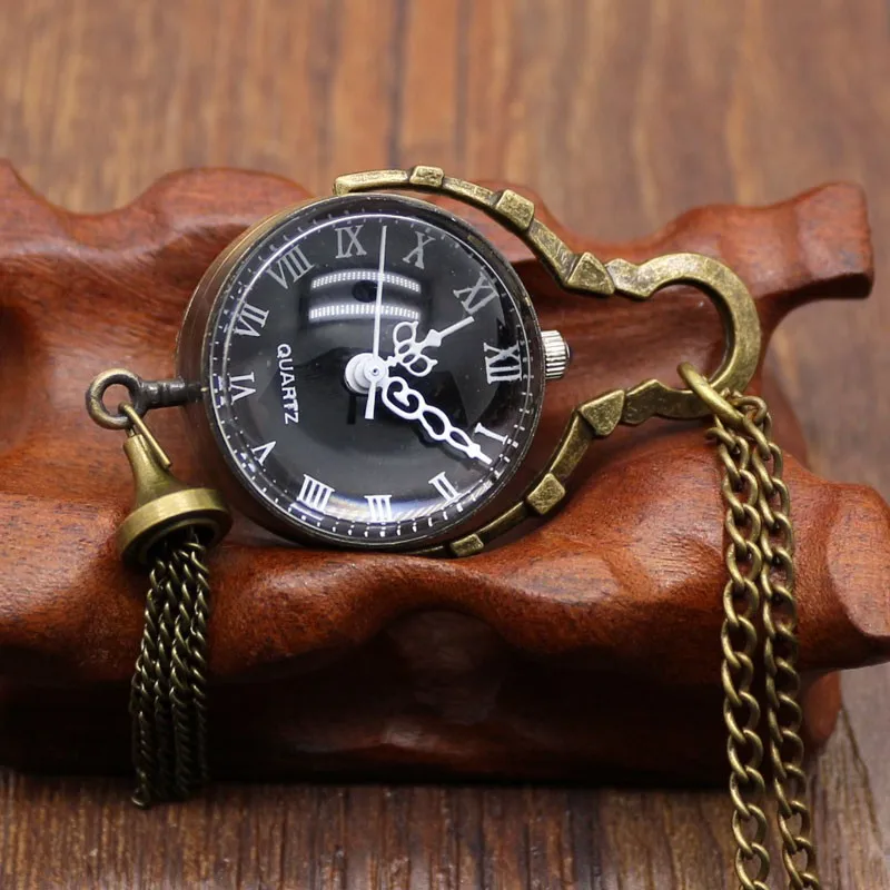 Уникальный бронзовый колокол Форма черный циферблат Стекло pendnat карманные часы с длинной цепью Цепочки и ожерелья для подарка