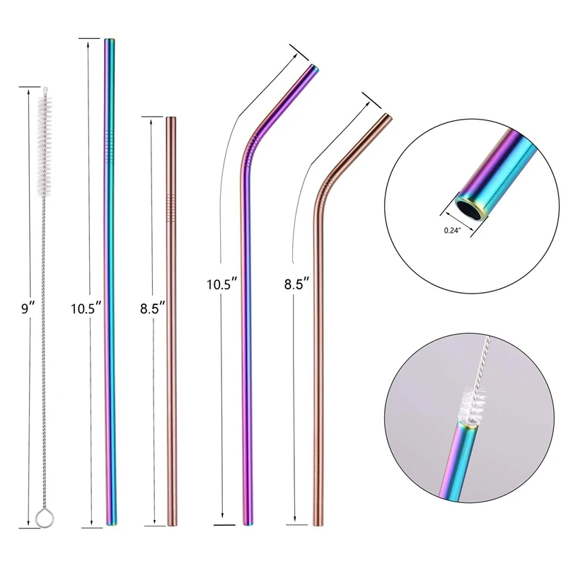 Соломинки из нержавеющей стали 10,5 дюйма 8,5 дюйма многоразовые радужные соломинки для 30/20 унций стакан холодных напитков(7x прямой+ 7x изогнутый+ 4x Bru