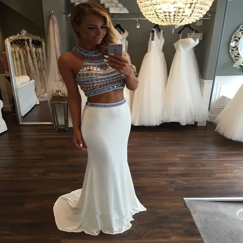 Sexy Two 2 Piece Crop Top Prom Dresses 2016 Fashion Halter Nice Beaded