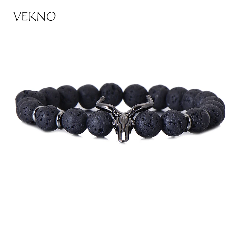 

VEKNO Black Lava Stone Elastic Strand Bead Bracelets Bangles Copper Bull Skull Men Stretch Bracelet Femme Yoga Jewelry