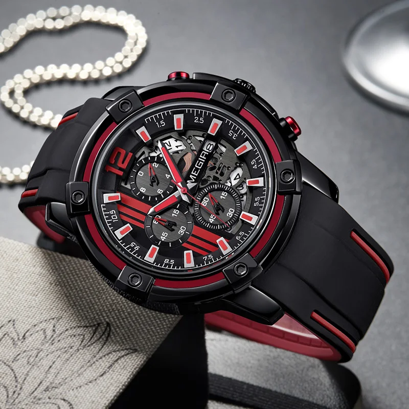 MEGIR Chronograph Mens Sport Watches with Silicone Band Big Dial Military Quartz Watch Men Clock Re