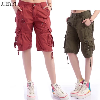 

Denim Pantalon Femmes 2019 Army Green Loose Knee Length Multi-Pocket Baggy Jeans Cargo Short Pants Men/Womens Military Trousers