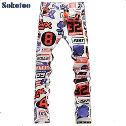 Sokotoo новый летний Для мужчин модные цифры и буквы печати джинсы мужские повседневные облегающие тонкие джинсы длинные брюки Бесплатная