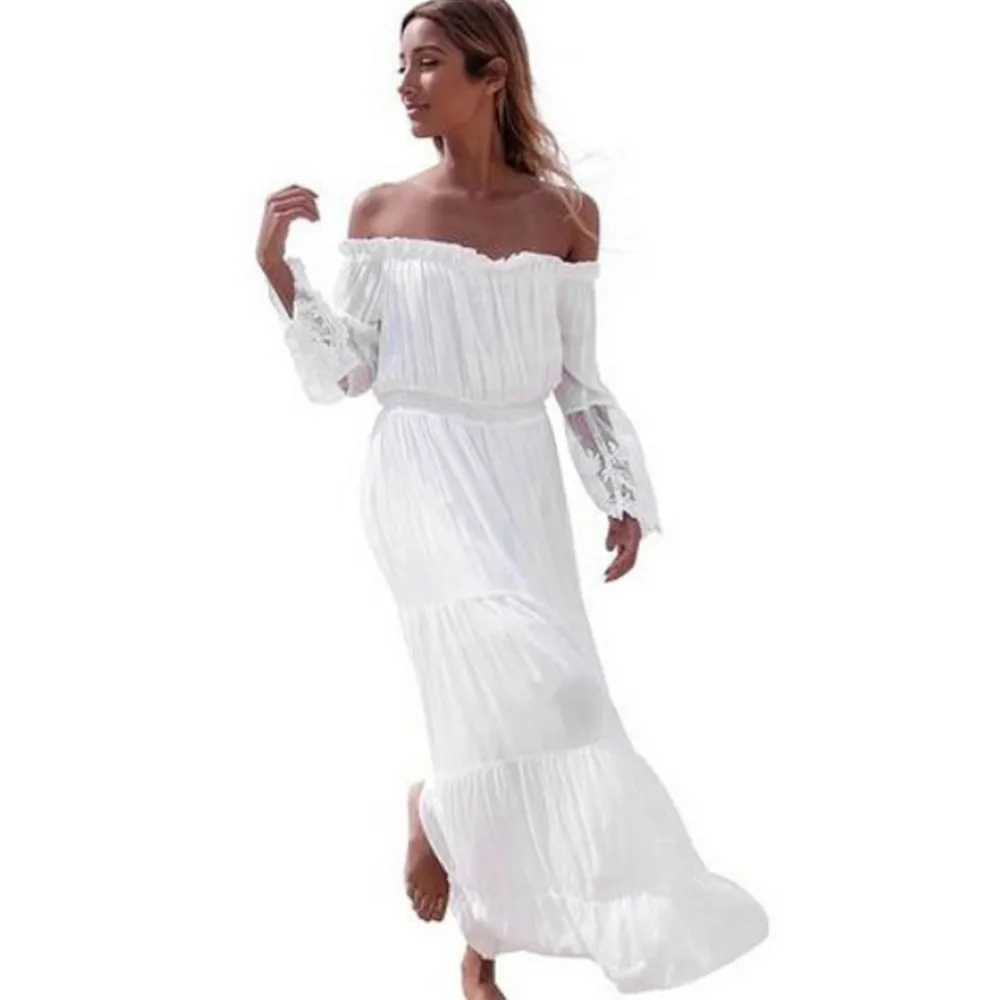 

CHAMSGEND Women's lace stitching strapless dress fashion sexy word shoulder seaside holiday beach skirt solid color casual dress