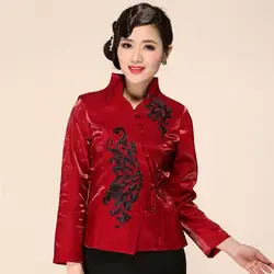 Новое поступление красный Вышивка цветочные атласная Для женщин куртка осень 2017 г. новое пальто в китайском стиле женские классические