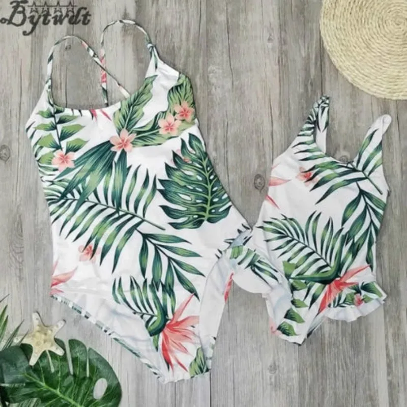 

2018 Mother Daughter Matching Girl Women Palm Leaves Swimwear For Female Swimsuit Bikini Set One-Piece Suits Print Biqini
