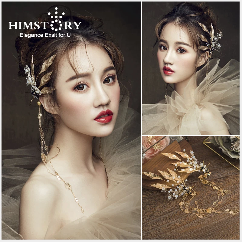 

HIMSTORY Romantic Gold Leaf Ear Hang Accessories Bridal Wedding Hairpins Long Tassel Headwear Hair Accessories