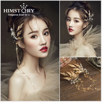 

HIMSTORY Romantic Gold Leaf Ear Hang Accessories Bridal Wedding Hairpins Long Tassel Headwear Hair Accessories