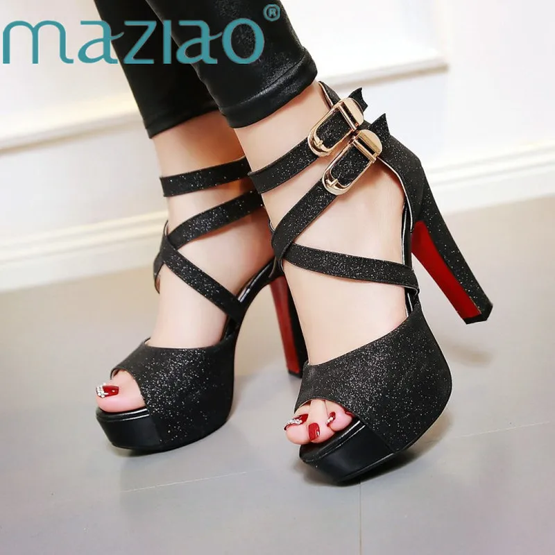 

MAZIAO2019 Women Platform Bling High Heel Sandals Fashion Peep Toe Dress Party Summer Shoes Buckle Strap Heels Silver Black Gold