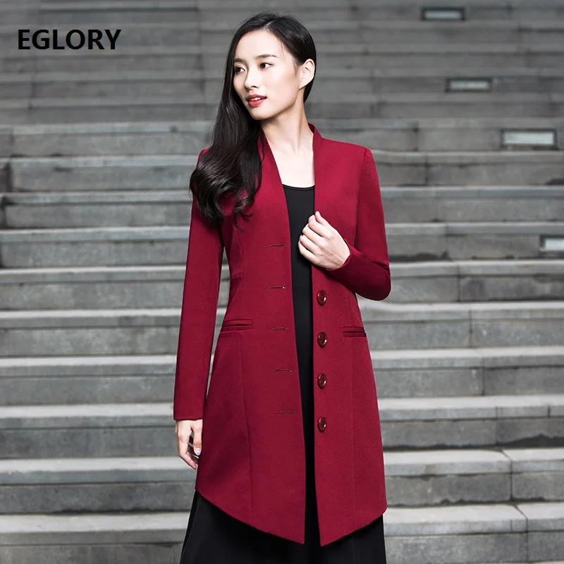 4XL Plus Size Coat Spring Autumn Women V Neck Single Breasted Coat Trench Female Solid Color Wine Red Coat & Outerwear 