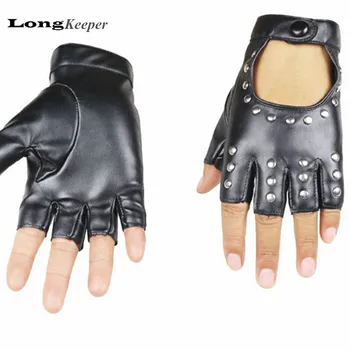 

LongKeeper 2019 New Women Gloves Half Finger Rivets PU Leather Gloves for Dance Sexy Cut Out Fingerless Mittens Black Luvas A221