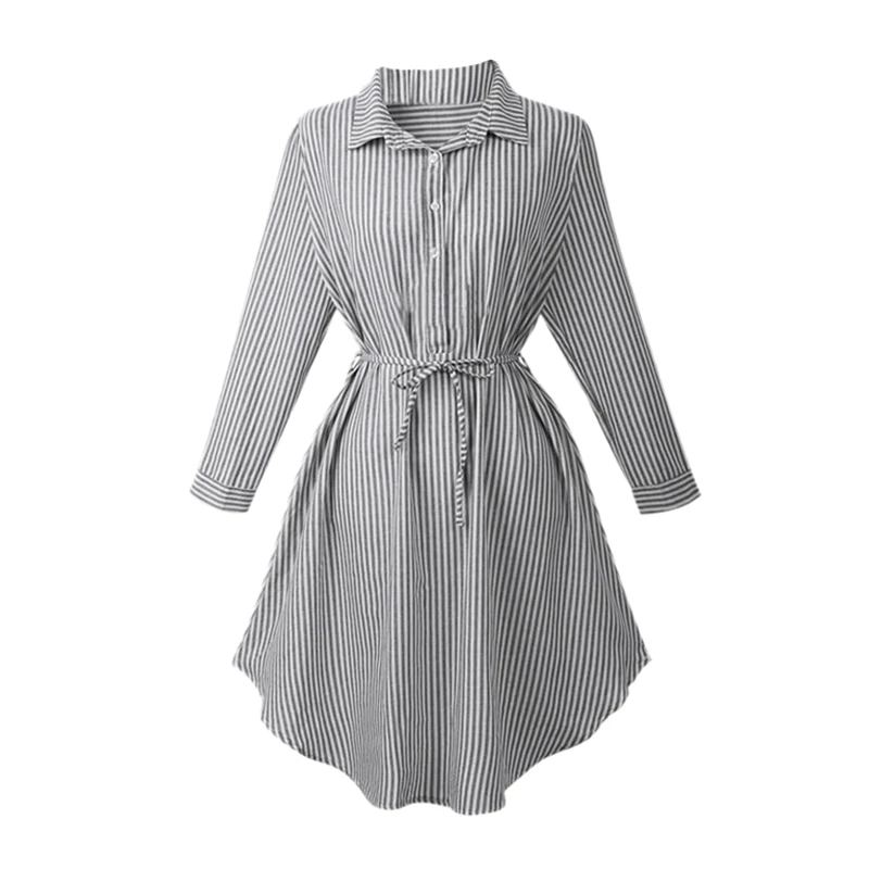 Autumn Long Sleeve Shirt Dress For Women Stripe Skinny Lace Up Belt Button Elegant Ladies Shirt Long Dress Business Attire Str