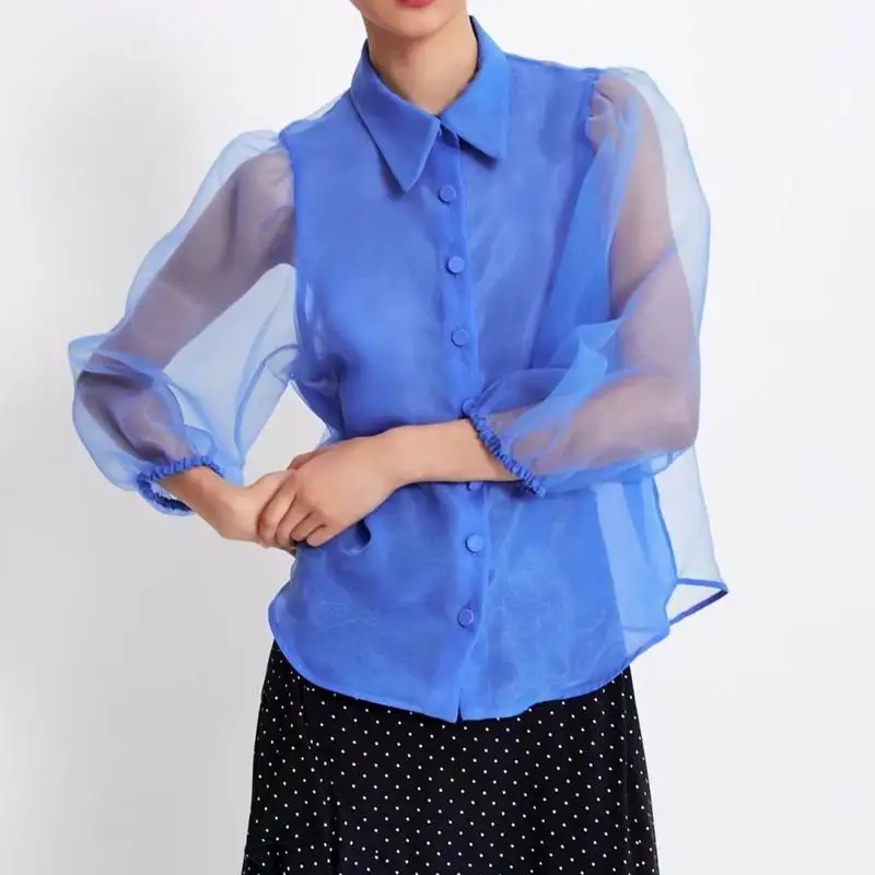 

Women Sunscreen Blouse See Through Organza Shirt 2019 New Fashion Blue Chiffon Lining Blusa Modern Lady Summer Tops