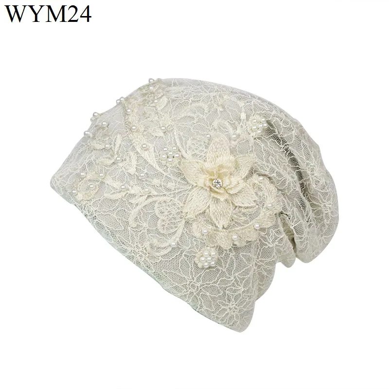 Lace Pearl Skullies Beanies Caps Women Chemotherapy Turban Stretch Pile Heap Cap Ladies Pink Headscarf Lace Cotton Beanies Mujer