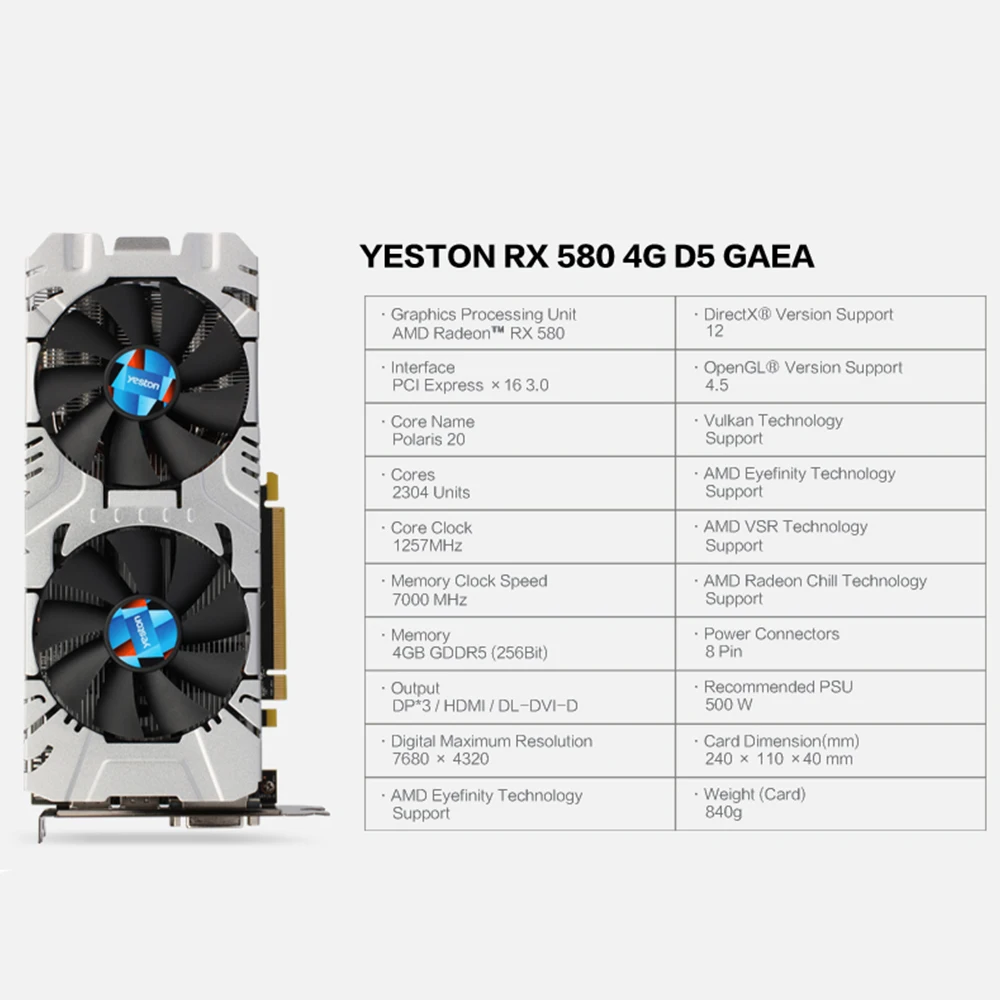 Yeston Radeon RX 580 GPU 4 Гб GDDR5 256 бит игровой настольный компьютер ПК видео Графика карты