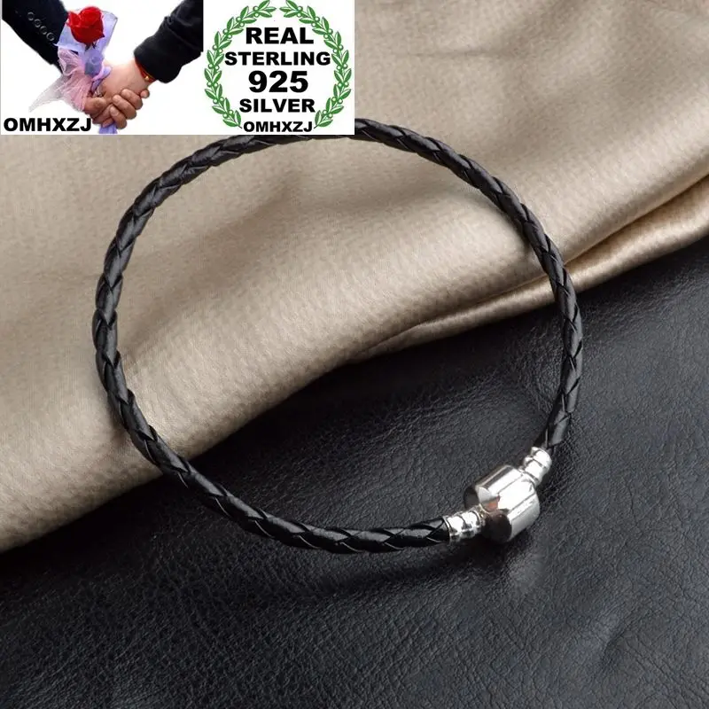 

OMHXZJ Wholesale Personality Fashion Man Party Wedding Gift Black Leather Chain 925 Sterling Silver Bracelet BR18