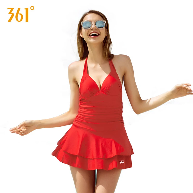 

361 Sexy Bikini Underwire Skirted One Piece Swimsuit Red Black Halter Swimwear Push Up Backless Swim Suit Lady Pool Bathing Suit