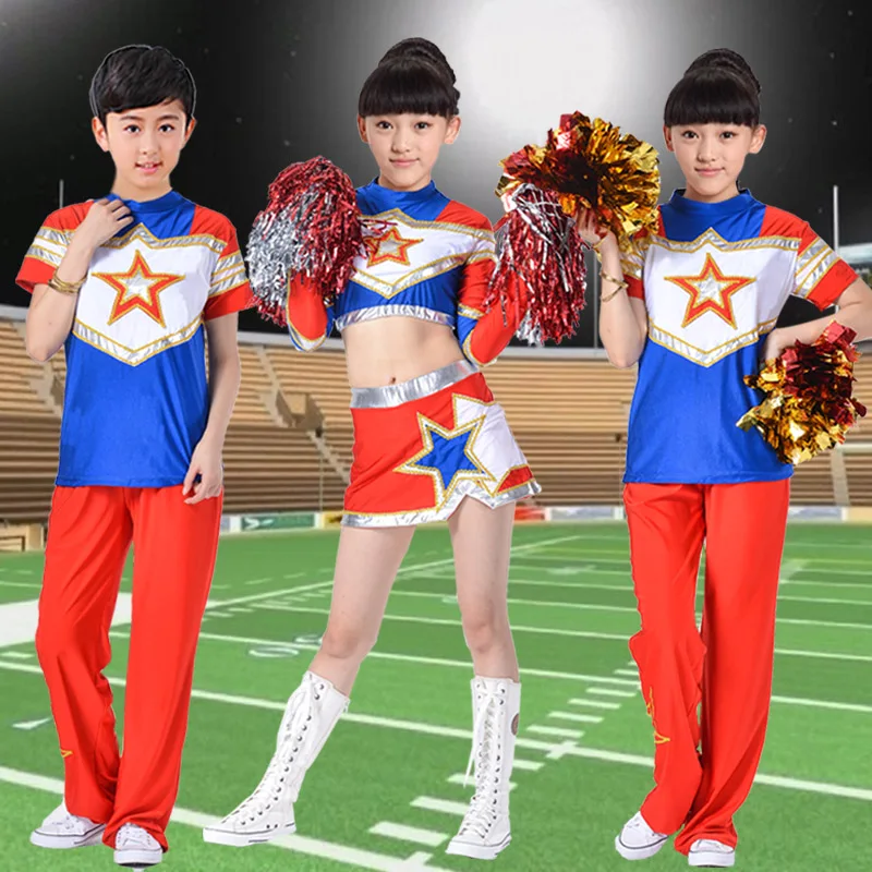 قصيرة الأكمام الأزرق الكرة المشجع زي الاطفال فستان رقص للفتيات الفتيان الحديثة أزياء رقص للأطفال قمم + تنورة قصيرة الأكمام الأزرق الكرة المشجع زي الاطفال فستان رقص للفتيات الفتيان الحديثة أزياء رقص للأطفال قمم + تنورة