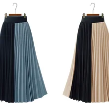 Винтажная с высокой талией, из лоскутов, контрастная однотонная плиссированная миди длинная шифоновая юбка, Женская корейская модная юбка-пачка, повседневная бохо