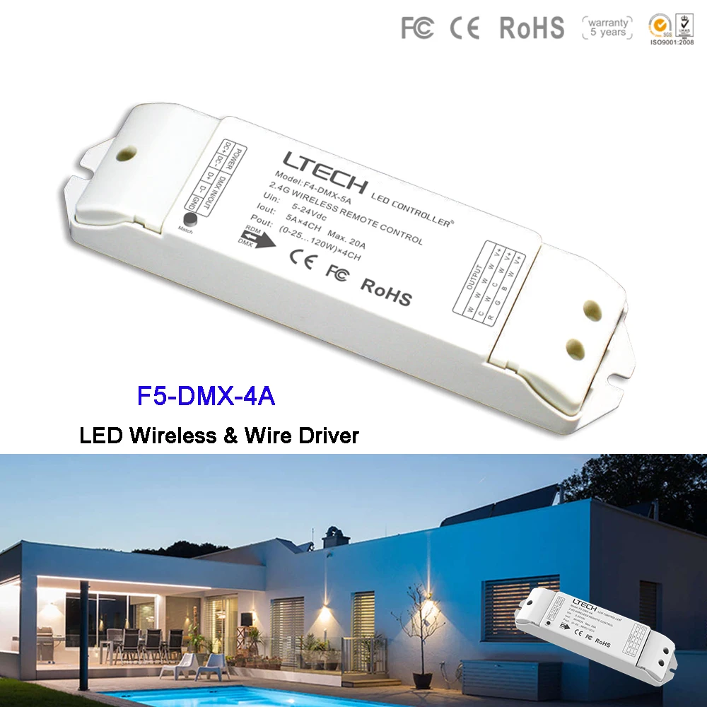 

LTECH F5-DMX-4A DC5-24V Led Wireless Driver controller RF 2.4GHz work with EX touch panel Dimming/CT/RGB/RGBW Led Strip Light