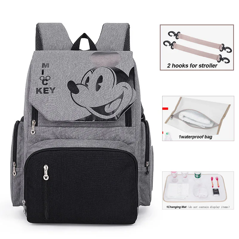 

Disney large capacity Baby Diaper Bag For Mommy travel Fashion Double Shoulder Diaper Bag Nappy Backpack With Hooks Gray Black