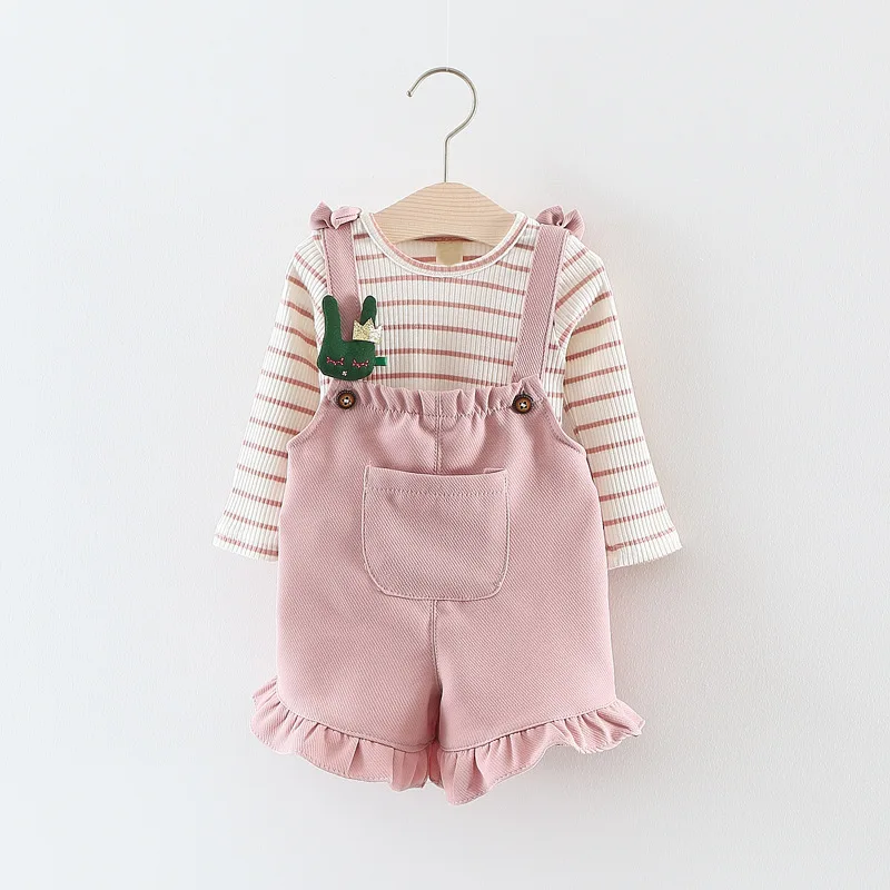 

2018 Autumn Cute BABY GIRL CLOTHES SET PINK Stripe Long Sleeve Tops + Suspender Trousers Girls 1st Birthday Suits Anniversaire