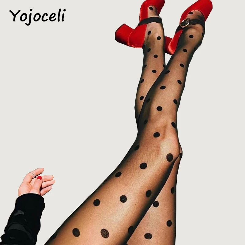Yojoceli, сексуальные черные женские чулки в горошек,, черные сетчатые женские колготки, чулки, тонкие женские чулки