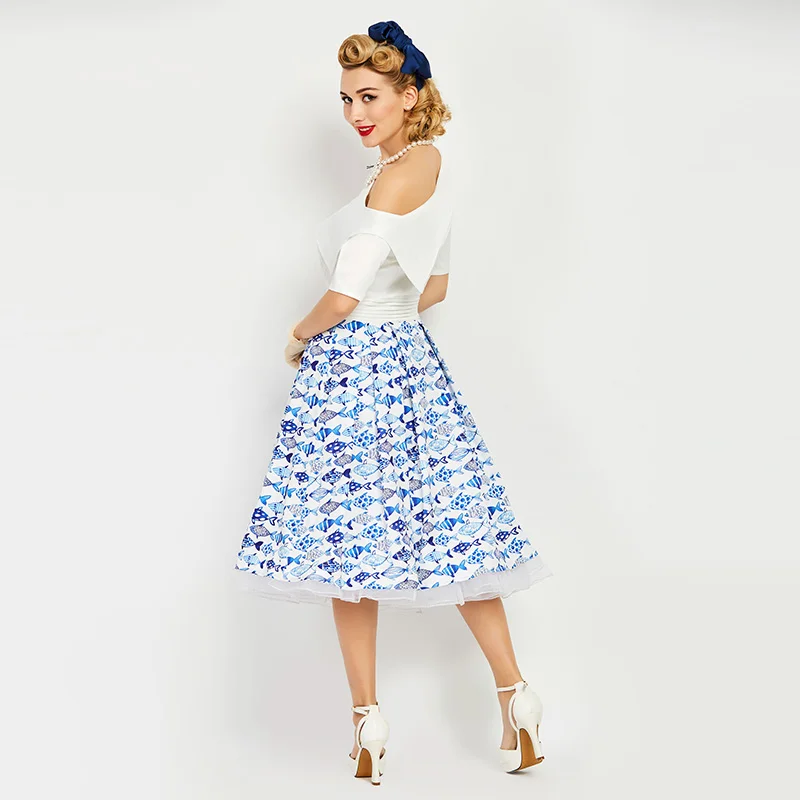 Sisjuly vintage1950s до середины икры белый Для женщин элегантный печати летнее платье