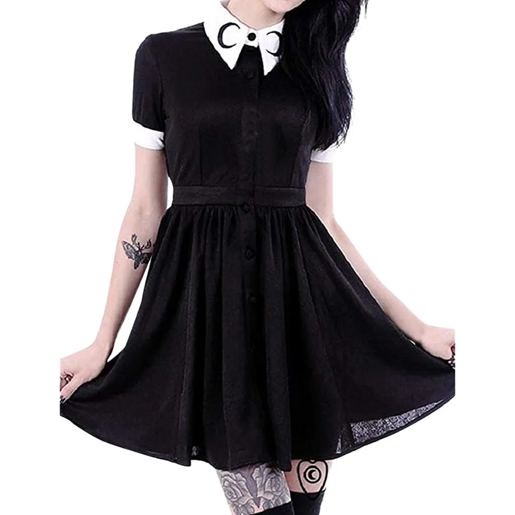 

Women Summer Dresses Moon Print Gothic Punk Slim Fit Black Button Down Short Sleeve Vestidos Casual Daily Wear Mini Girl Dress