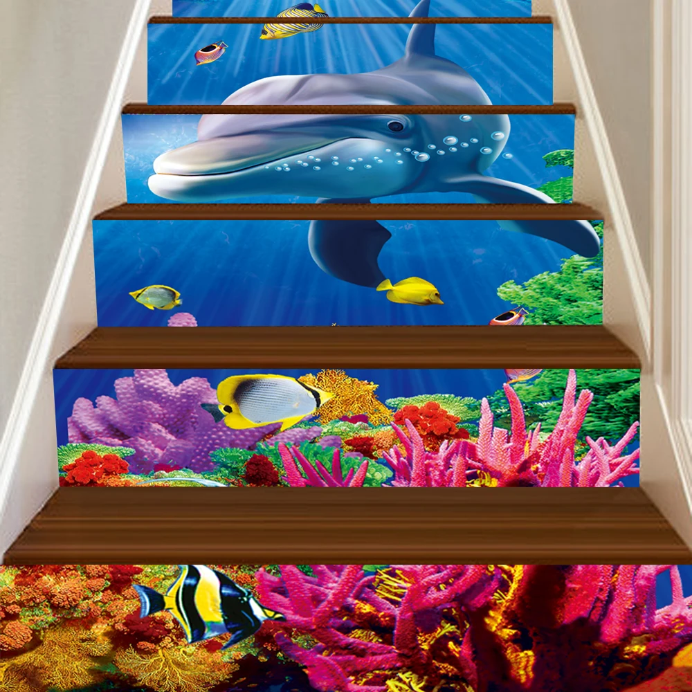 

6pcs/set Dolphin Tile Wall Stair Sticker Vinyl Adhesive PVC Removable Wall Floor Sticker Home Decoration Mural Poster Wallpaper