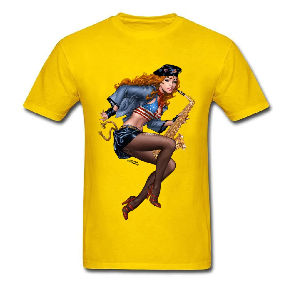 Cool Saxophone Playing Redhead Pinup Tops Shirt New Fashion Crew Neck Funny Short Sleeve 100% Cotton Student T Shirt Tee Shirts Cool Saxophone Playing Redhead Pinup yellow