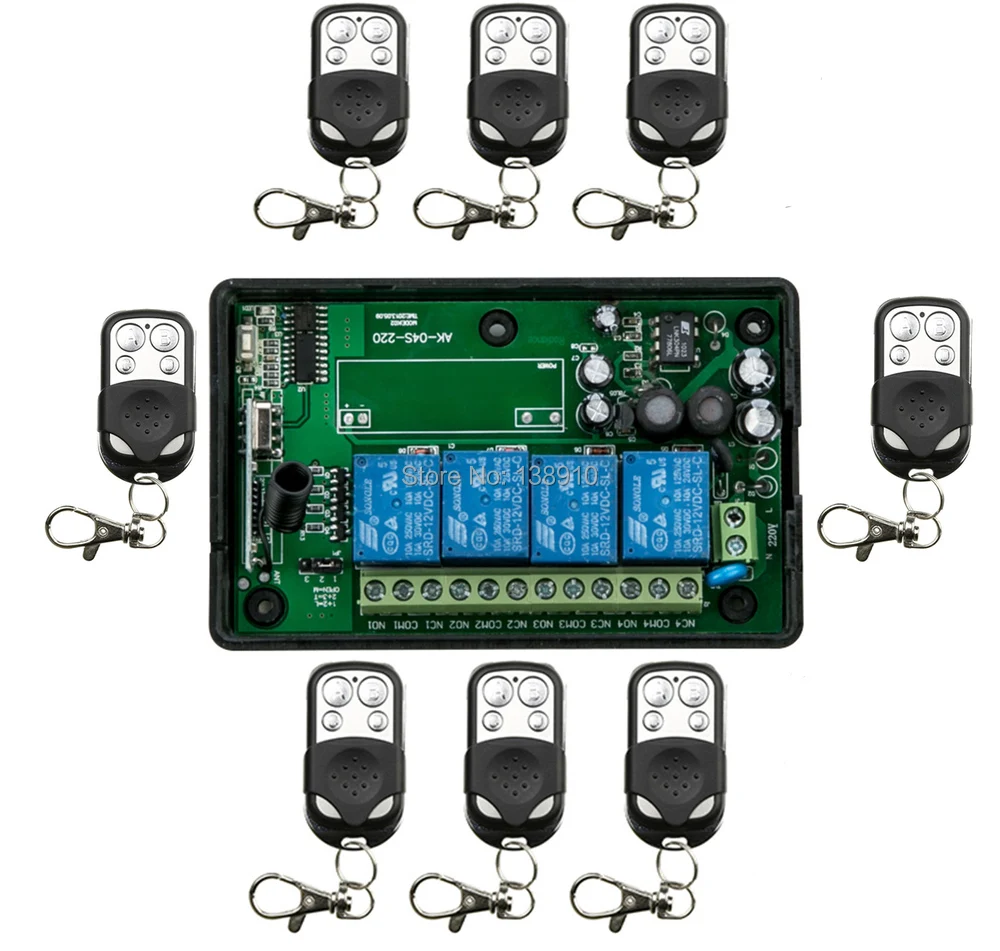 85v250V110V220V4CHRFWirelessRemoteControlRelaySwitchSystemWith8PCSTransmitter