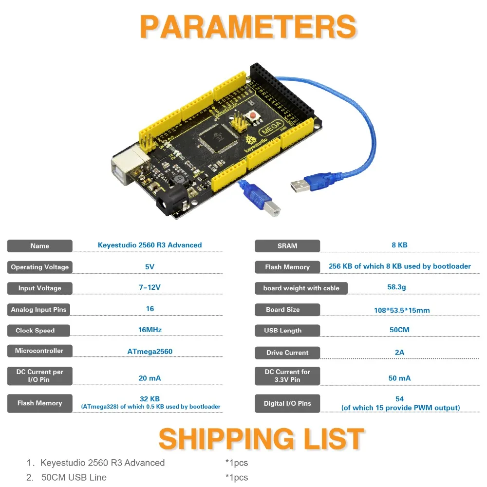 Keyestudio Супер Мега 2560 R3 5V 2A MP2307DN лапками углублением SOP-8+ USB кабель для Arduino UNO Mega