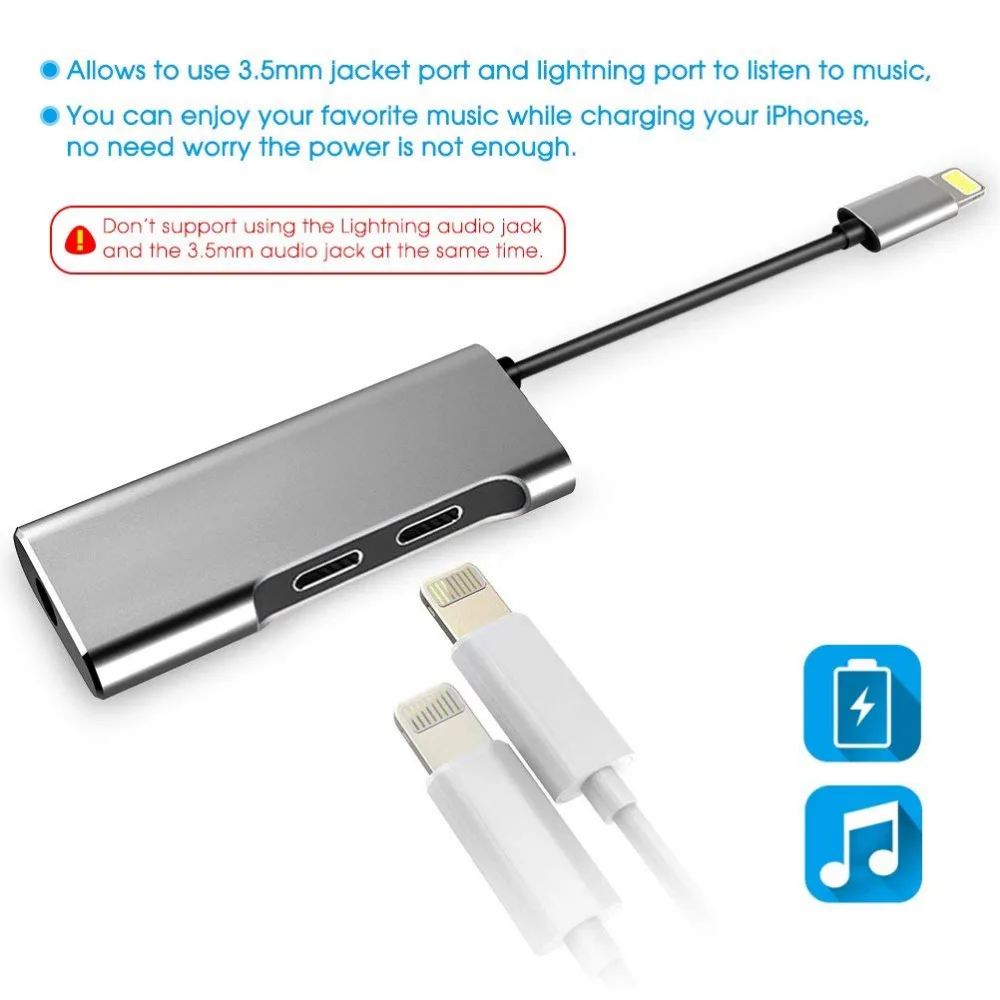 3 in 1 Dual for Lightning with 3 5 mm Headphone Jack Audio Adapter Splitter Support Audio Charge Music Control Phone Call