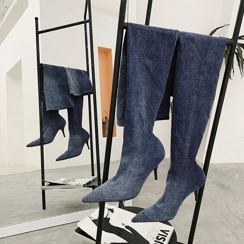 

Denim Women Boots Hommes Chaussures Thigh High Boots Sock Boots Chic Runway Star Shoes Women Autumn Winter Long Booties Fashion