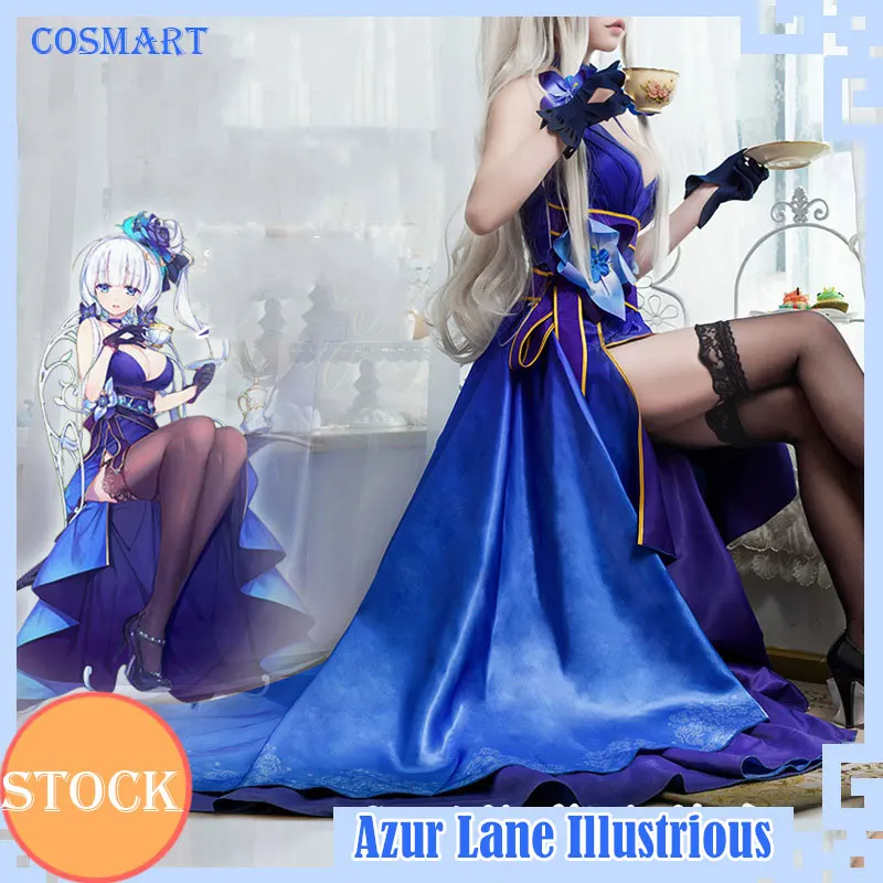 

Game Azur Lane Illustrious Gorgeous Gradient Cosplay Costume Uniform Blue Dress for Halloween Summer Outfit Party Dress